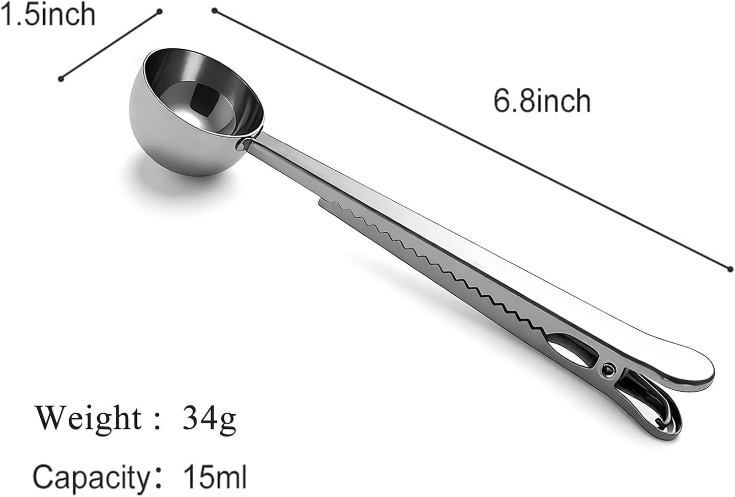 Coffee Scoop Spoon with Bag Clip 2 Pcs,1 Tbsp Stainless Steel Long Handle Measuring Spoons for Ground Coffee and Beans, Loose Tea and Powder(Silver / 15ML)
