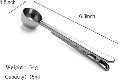 Coffee Scoop Spoon with Bag Clip 2 Pcs,1 Tbsp Stainless Steel Long Handle Measuring Spoons for Ground Coffee and Beans, Loose Tea and Powder(Silver / 15ML)