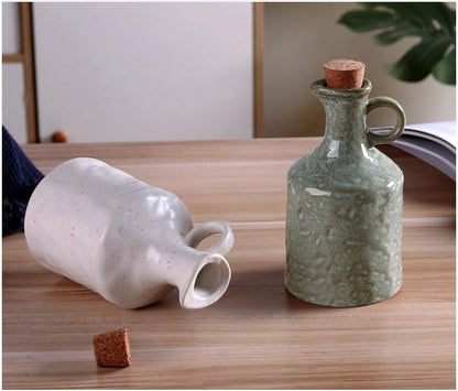 Ceramic Olive Oil Dispenser with Cork Stopper, Reactive Glaze Texture Oil Bottle, Leak - Proof Small Spout for Kitchen, Great for Storing Vinegar, Wine, Soy Sauce, Lemon Juice (GREEN)