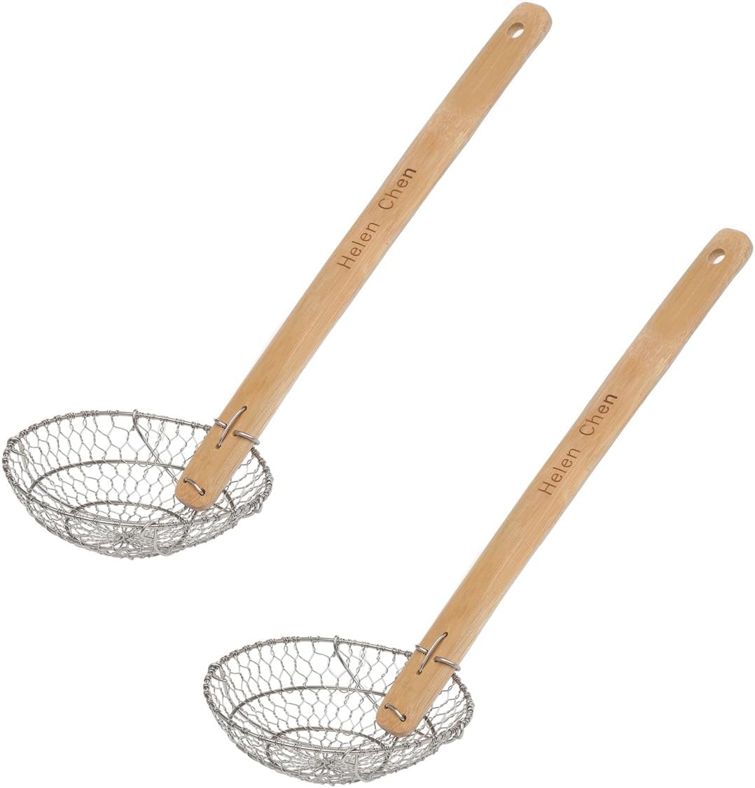 Helen's Asian Kitchen Spider Strainer, 5-Inch Stainless Steel Mesh Basket With Bamboo Handle, For Noodles, Dumplings, Wontons, Deep Frying, And Draining Tasks