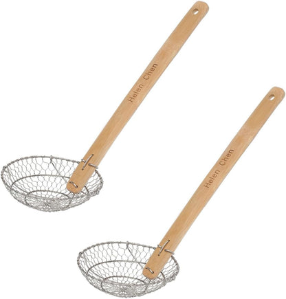 Helen's Asian Kitchen Spider Strainer, 5-Inch Stainless Steel Mesh Basket With Bamboo Handle, For Noodles, Dumplings, Wontons, Deep Frying, And Draining Tasks