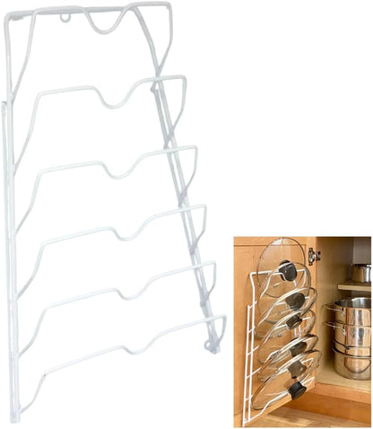 Evelots 6 Pot Lid Organizer for Cabinet Door or Pantry Wall - Closet Door Pots and Pans Lids Holder - Glass or Metal Pan Covers Cabinet Organizer Kitchen Storage - White 6 Tier Lid Rack