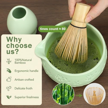 Matcha Whisk Set, Ceramic Matcha Set with Bowl, Chasen Holder, Scoop Rest, Sifter, 8-Pcs Japanese Ceremony Matcha Kit–Matcha Lovers Gift for Women Mom Girl Friend-Matcha Green