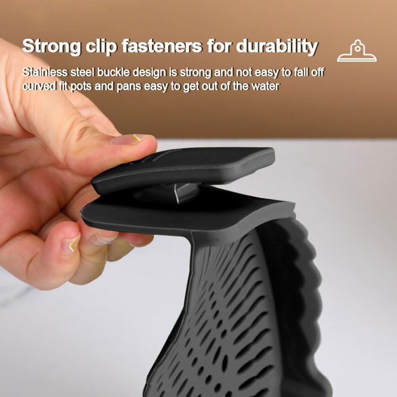 Clip On Strainer Silicone for all Pots and Pans, Silicone Strainer for Pasta and Food Colander for Meat Vegetables Fruit Silicone Kitchen Colander-Black