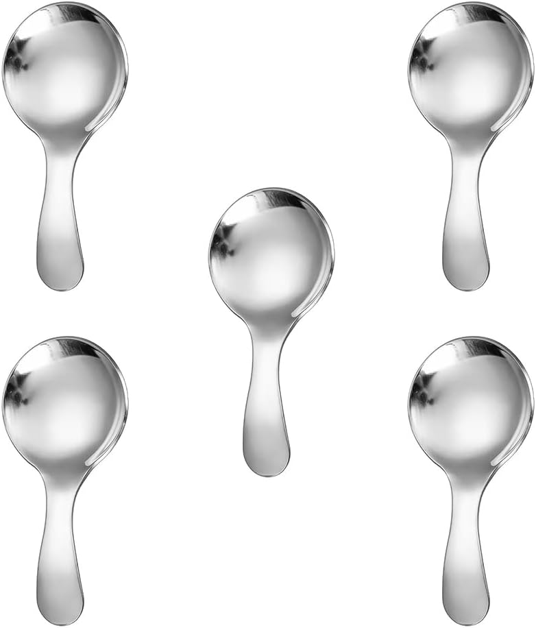 5PCS Short Handle Spoon, Stainless Steel Mini Spoons Thickened Small Round Spoon For Salt Condiments Dessert Tea Coffee (Black)
