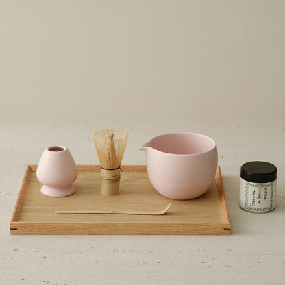 Matcha Whisk Set, Ceramic Matcha Bowl & Whisk Holder, Bamboo Accessory, Modern Design (Matte Crème, Pouring Spout) (Matte Crème)