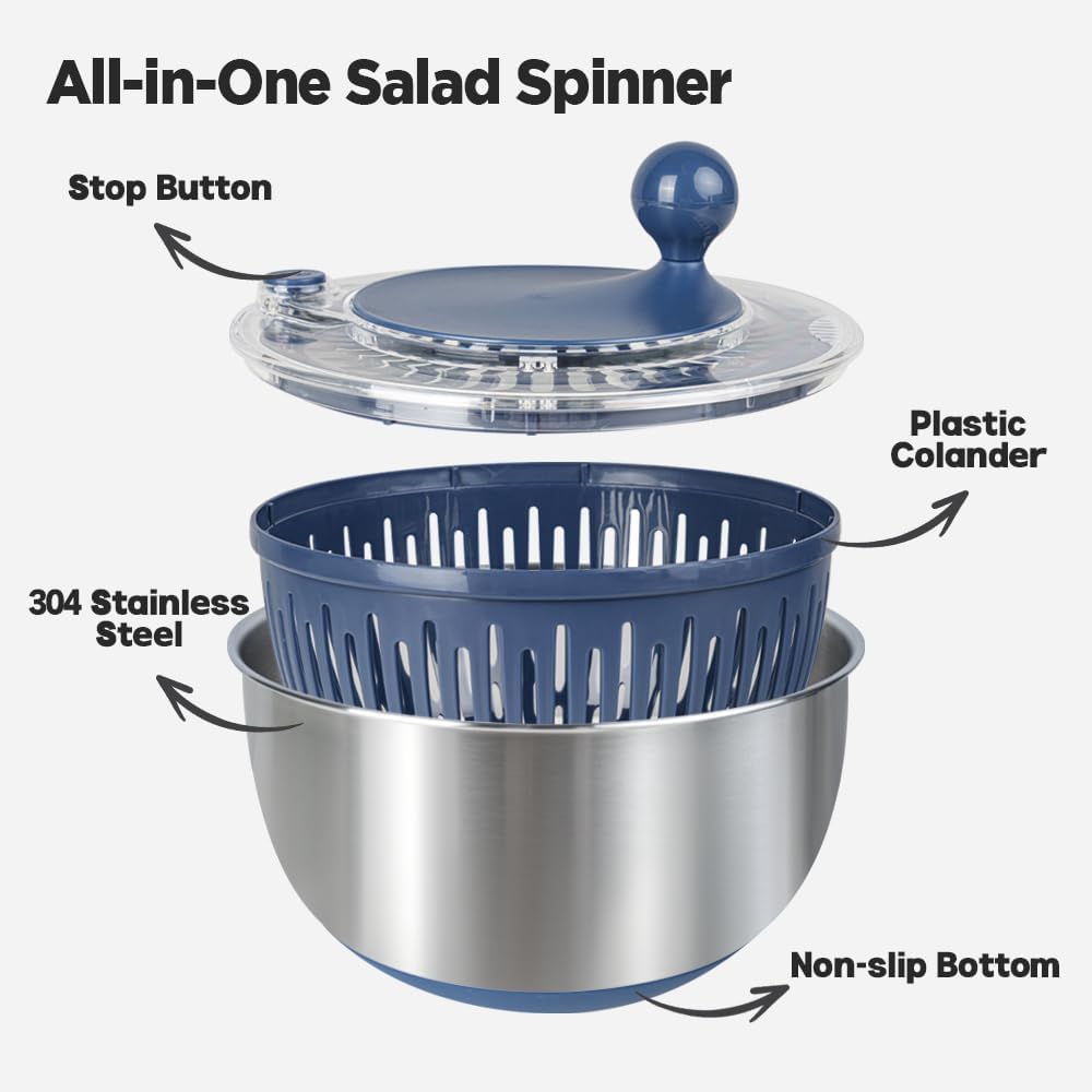 Premium 304 Stainless Steel Salad Spinner, Large 5.3 Qt Capacity, Easy to Use Lettuce Spinner, Fruit and Vegetable Washer and Dryer Spinner, Green