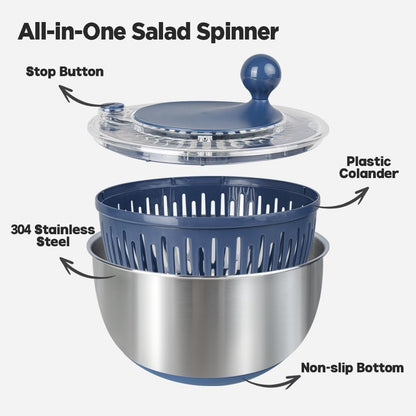 Premium 304 Stainless Steel Salad Spinner, Large 5.3 Qt Capacity, Easy to Use Lettuce Spinner, Fruit and Vegetable Washer and Dryer Spinner, Green