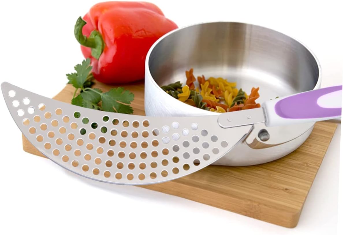 LABRIMP 14.57 Inch Stainless Steel Pot Strainer with Handle Pan Drainer Clip-on Kitchen Pasta Draining Tool for Safe Water Separation and Food Straining