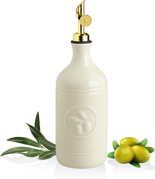 Sweejar 18 Oz Oil Dispenser for Kitchen with Gravity Spout, Ceramic Olive Oil Dispenser Bottle, Relief Opaque Vinegar Container for Evoo, Vinegar, Soy Sauce, Pack of 1(White, Gold Spout)