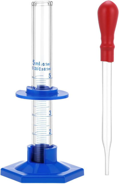 QWORK Thick Glass Graduated Cylinder 5ml Measuring Cylinder, with Plastic Base and Bumper Guards 3.3 Borosilicate Glass Lab Cylinder for Liquid Measurement with Glass Dropper
