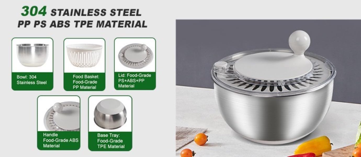 Stainless Steel Salad Spinner, 5L Capacity Vegetable Washer, Lettuce Dryer with Non-Slip Base and Stop Button, 9.65 Inch Diameter Salad Bowl Fruit Washer