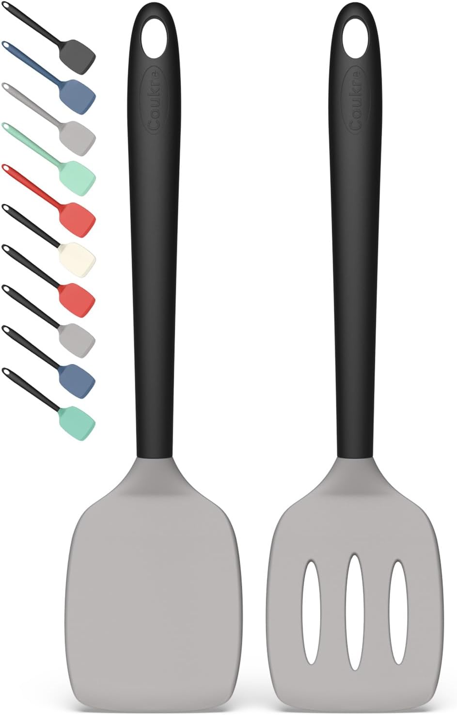 Coukre 2 Pack Silicone Spatula Set, High Heat Resistant, BPA Free Kitchen Spatula, Solid & Slotted Turner for Non-Stick Pans, Sautéing, and Flipping (2, PureBlack)