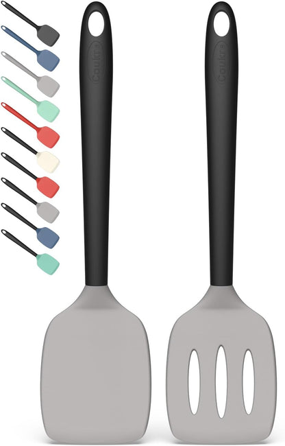 Coukre 2 Pack Silicone Spatula Set, High Heat Resistant, BPA Free Kitchen Spatula, Solid & Slotted Turner for Non-Stick Pans, Sautéing, and Flipping (2, PureBlack)