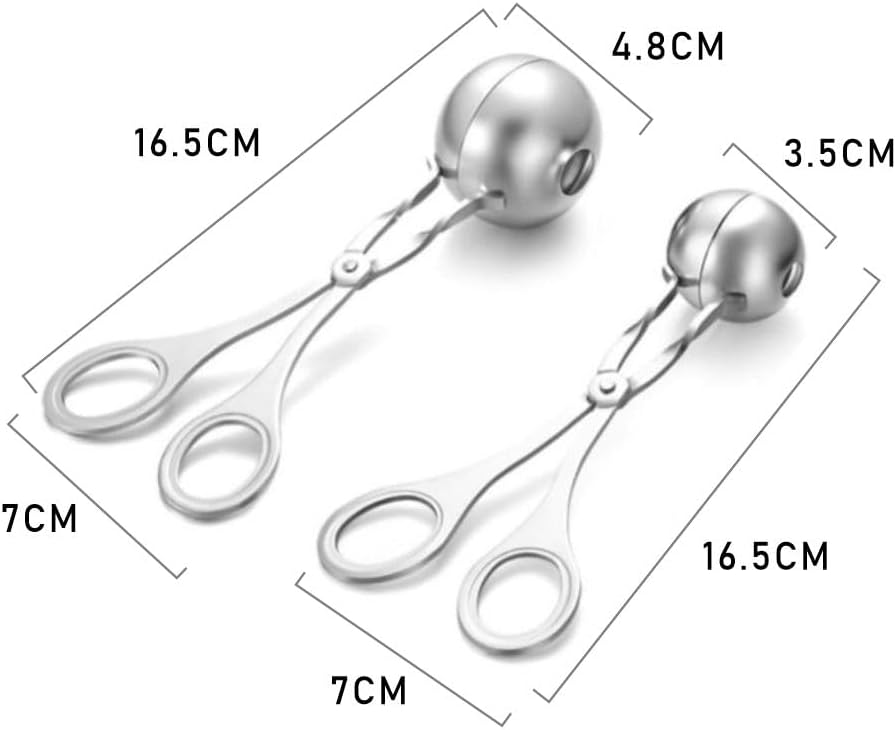Stainless Steel Meatball Maker Tongs, 2-Pack Large and Small Kitchen Tool Set for Ice Cream Scoops, Rice Balls, Melon Balls, Silver Spring-Loaded Design with Ergonomic Handle, Standard Size