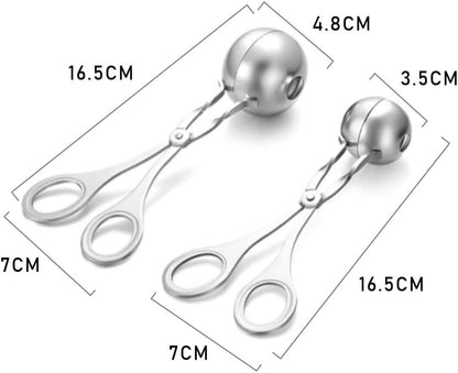 Stainless Steel Meatball Maker Tongs, 2-Pack Large and Small Kitchen Tool Set for Ice Cream Scoops, Rice Balls, Melon Balls, Silver Spring-Loaded Design with Ergonomic Handle, Standard Size