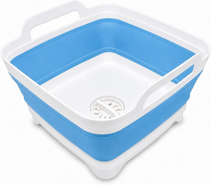 2.4 Gal(9L) Collapsible Dish Basin with Drain Plug, Space Saving Outdoor Multiuse Foldable Sink Tub, Dishpan, Kitchen Storage Tray for Camping, Vegetable Washing, RV (Gray)