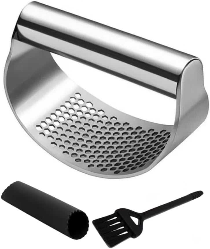 Angel's Peel Lounge Stainless Steel Garlic Press Rocker Set with Silicone Garlic Peeler & Cleaning Brush – Garlic Chopper, Mincer, Grater, Crusher – Easy for Crushed Cloves – Rust-Resistant, Black