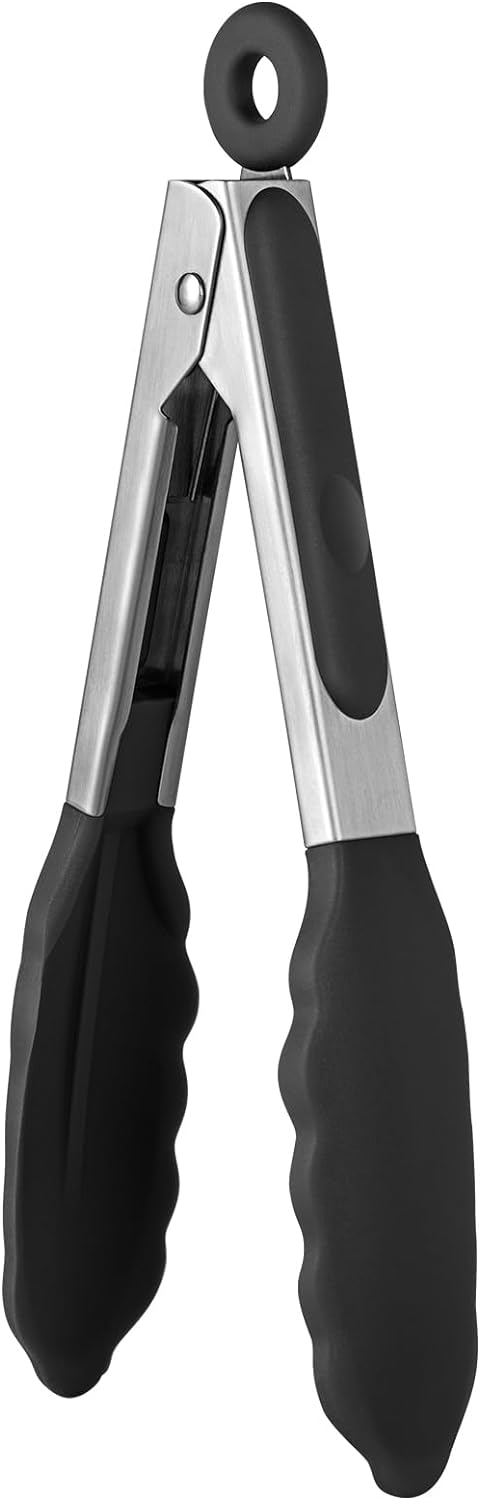 600ºF Heat Resistant Kitchen Tongs: U-Taste 9 inch Silicone Cooking Tong with Firm Sealed Non Stick Rubber Tips & Silicon Coated 18/8 Stainless Steel Handle & Smooth Locking for Serving Salad (Black)