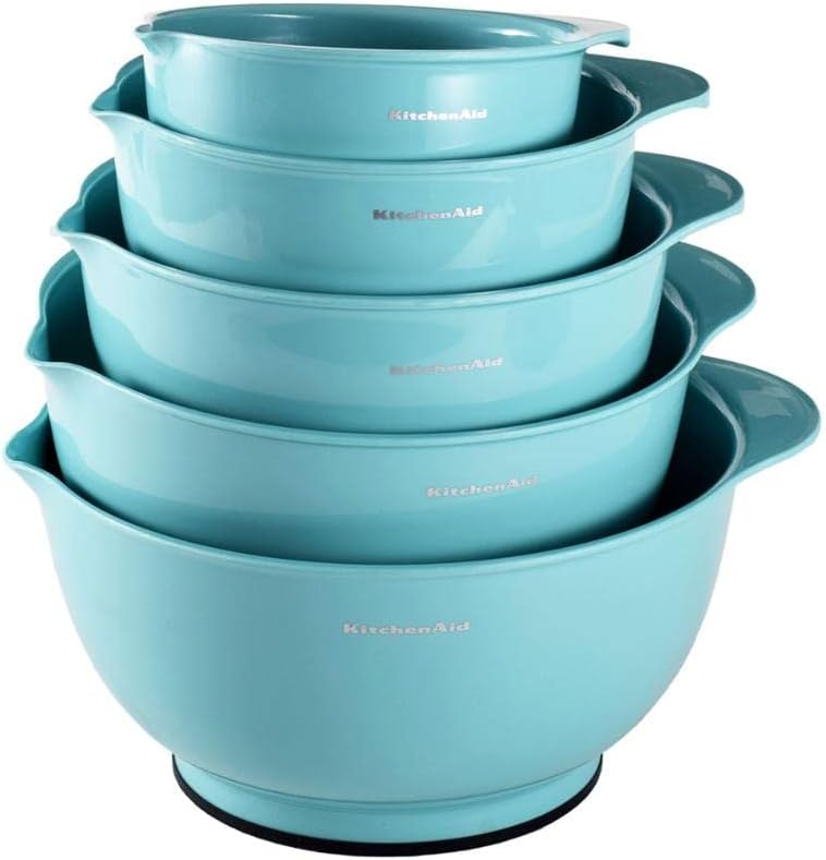 KitchenAid Universal Nesting Plastic Mixing Bowls, Set Of 3, 2.5 quart, 3.5 quart, 4.5 quart, Non Slip Base with Easy Pour Spout to Reduce Mess, Dishwasher Safe, Aqua Sky, White, Gray