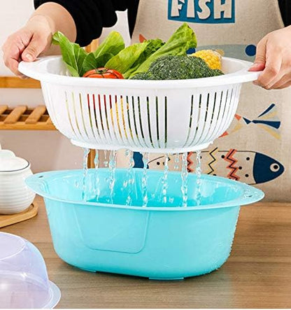 3 in 1 Dish Tub and Colander Set with Lid, Vegetable Washer with Bowl, Dishpan Strainer Basket Lettuce Washer and Dryer - Water Drain and Compact Storage(Blue) - 4 Quarts