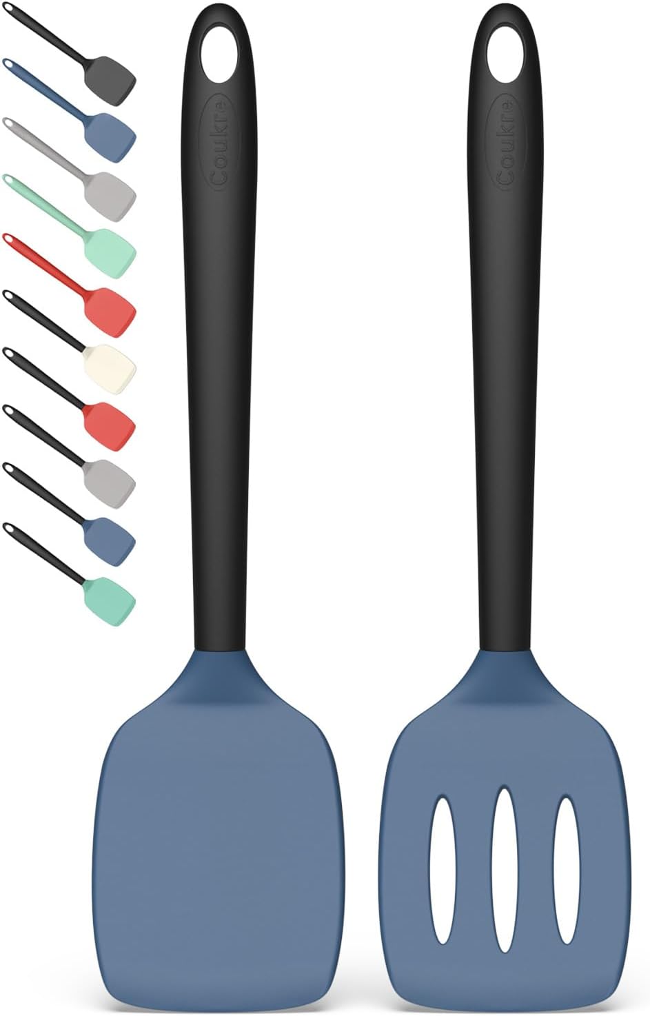 Coukre 2 Pack Silicone Spatula Set, High Heat Resistant, BPA Free Kitchen Spatula, Solid & Slotted Turner for Non-Stick Pans, Sautéing, and Flipping (2, PureBlack)