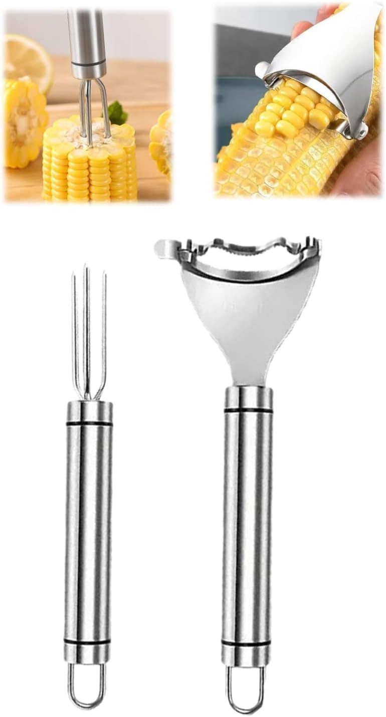 3PCS Corn Peeler Set – Stainless Steel Corn Stripper Tool with Cutter, Planer & Holder – Quickly Remove Kernels from Corn on the Cob – Dishwasher Safe, Easy Grip Handle, for Home & BBQ