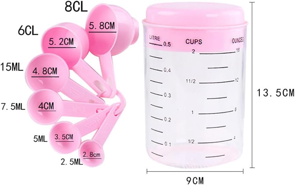 14Pcs/2 Sets Plastic Measuring Cups and Spoons Multipurpose 6 Sizes Measuring Spoons & Measuring Mixing Cups Kitchen Gadgets for Cooking Baking Lab Use, Pink