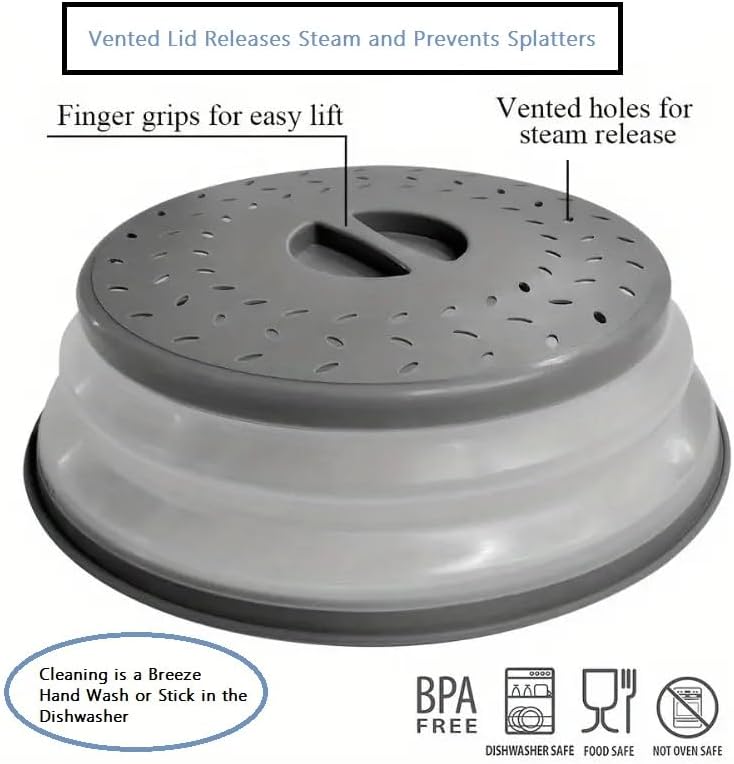 Dependable Industries' 2-in-1 Collapsible Microwave Splatter Guard Cover & Vegetable Washing Colander: The Ultimate Space-Saving Kitchen Essential (Gray)