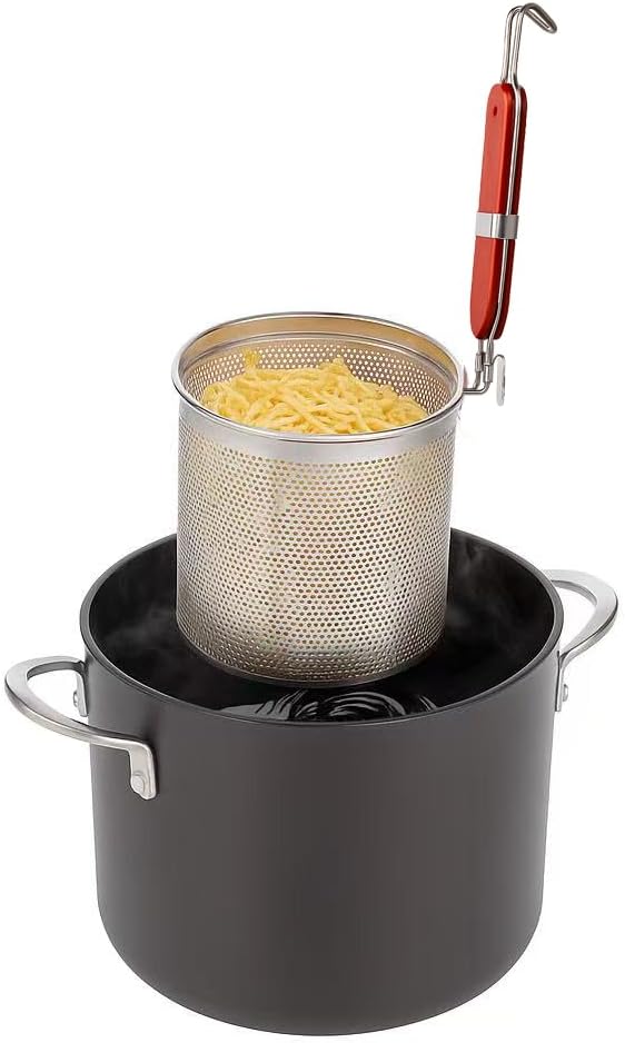 Mesh Pasta Basket Food Strainer Insert For Pot, Colander with Round Wooden Handle Stainless Steel Mesh Spider Strainer for Pasta Noodles Dumpling Vegetable