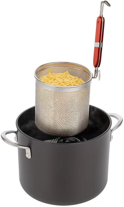 Mesh Pasta Basket Food Strainer Insert For Pot, Colander with Round Wooden Handle Stainless Steel Mesh Spider Strainer for Pasta Noodles Dumpling Vegetable