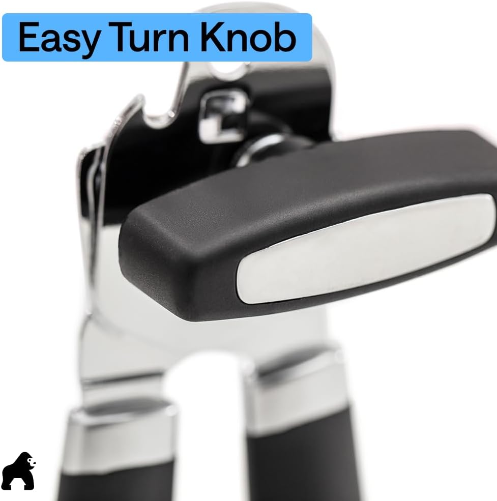 GORILLA GRIP Heavy Duty Stainless Steel Smooth Edge Manual Can Opener and Bottle Openers, US Designed, Soft Comfortable Handle, Oversized Handheld Turn Knob, Multifunctional Kitchen Tool, Black