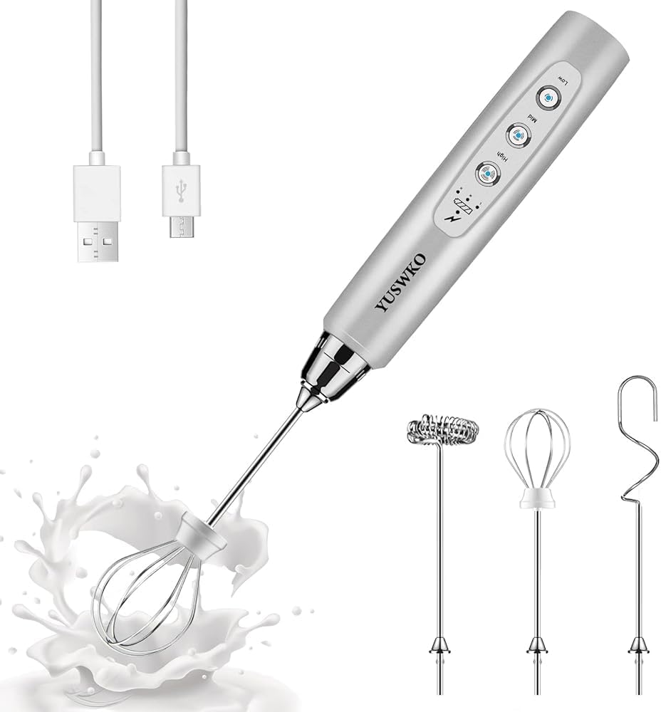 YUSWKO Black Handheld Milk Frother Wand for Coffee, Rechargeable Electric Whisk with 3 Heads 3 Speeds Drink Mixer Coffee Frother For Latte, Cappuccino, Hot Chocolate, Egg