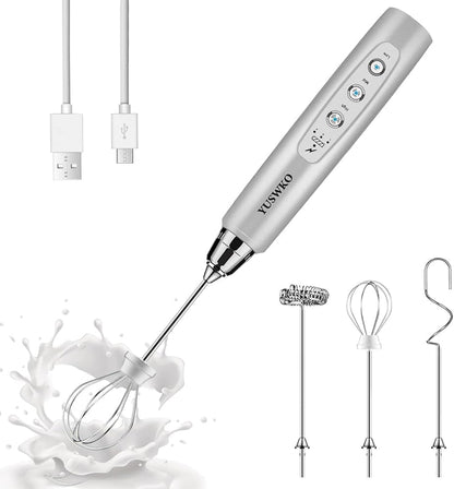 YUSWKO Black Handheld Milk Frother Wand for Coffee, Rechargeable Electric Whisk with 3 Heads 3 Speeds Drink Mixer Coffee Frother For Latte, Cappuccino, Hot Chocolate, Egg