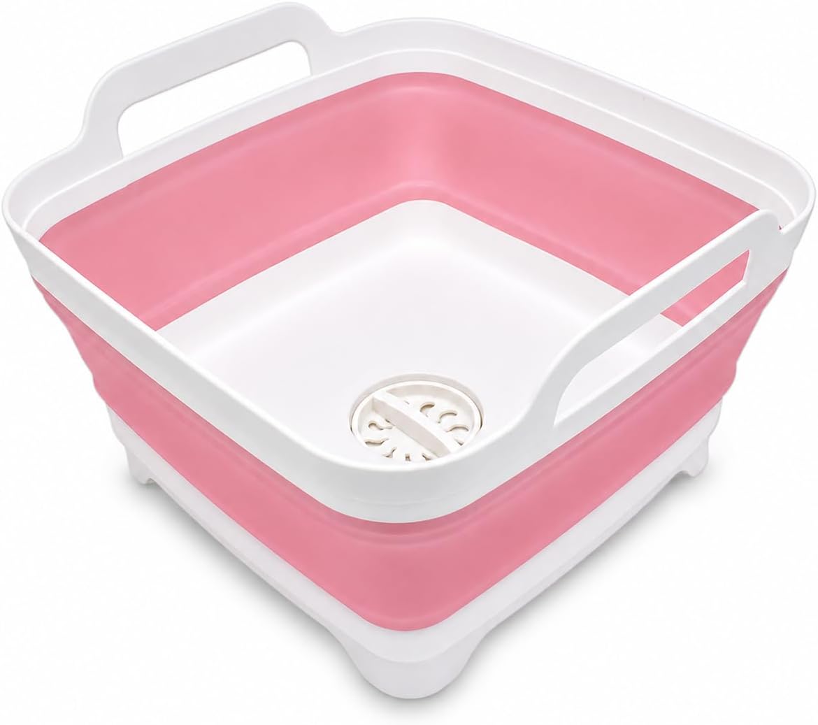2.4 Gal(9L) Collapsible Dish Basin with Drain Plug, Space Saving Outdoor Multiuse Foldable Sink Tub, Dishpan, Kitchen Storage Tray for Camping, Vegetable Washing, RV (Gray)