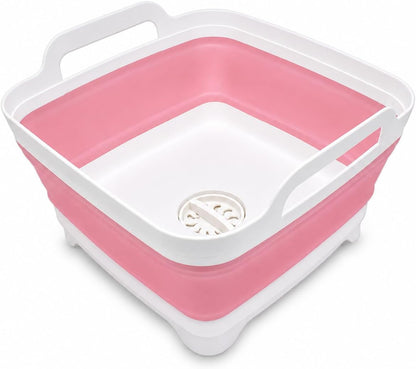 2.4 Gal(9L) Collapsible Dish Basin with Drain Plug, Space Saving Outdoor Multiuse Foldable Sink Tub, Dishpan, Kitchen Storage Tray for Camping, Vegetable Washing, RV (Gray)