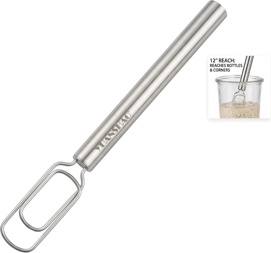 12" Sourdough Starter Stirrer -Narrow Stainless Steel Jar-Friendly Whisk - Heavy-Duty Danish Dough Mixer fits Weck, Mason & Tall Jars - Long Handle Stirring Tool for Thick Startersr, Dishwasher Safe