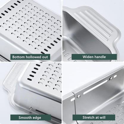 ZDRongZhen Kitchen Supply-Over the Sink Colander Strainer Basket Stainless Steel Retractable Kitchen Sink Basket -Wash Vegetables and Fruits, Drain Pasta and Dry Dishes,Extendable (Small silver)