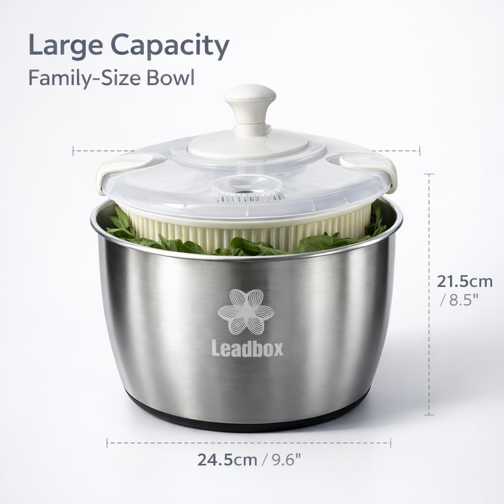 Stainless Steel Salad Spinner, 6L Heavy-Duty Lettuce Dryer with Smooth Spin Handle, Large Vegetable Washer & Fruit Rinse Bowl, Non-Slip Base