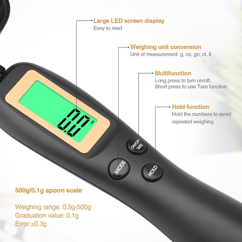 Mafiti Digital Measuring Spoon, Electronic Adjustable Measuring Spoon Scale 500g / 0.1g High Precision for Kitchen Gadgets Daily Meals Pet/Dog Food Measuring Scoop