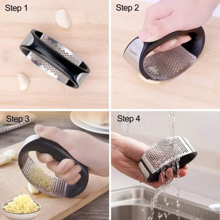 Premium Stainless Steel Garlic Press – Heavy Duty, Rustproof, Dishwasher Safe & Easy to Use – Includes Silicone Finger Protector & Bonus Finger Guard for Safe Cooking.