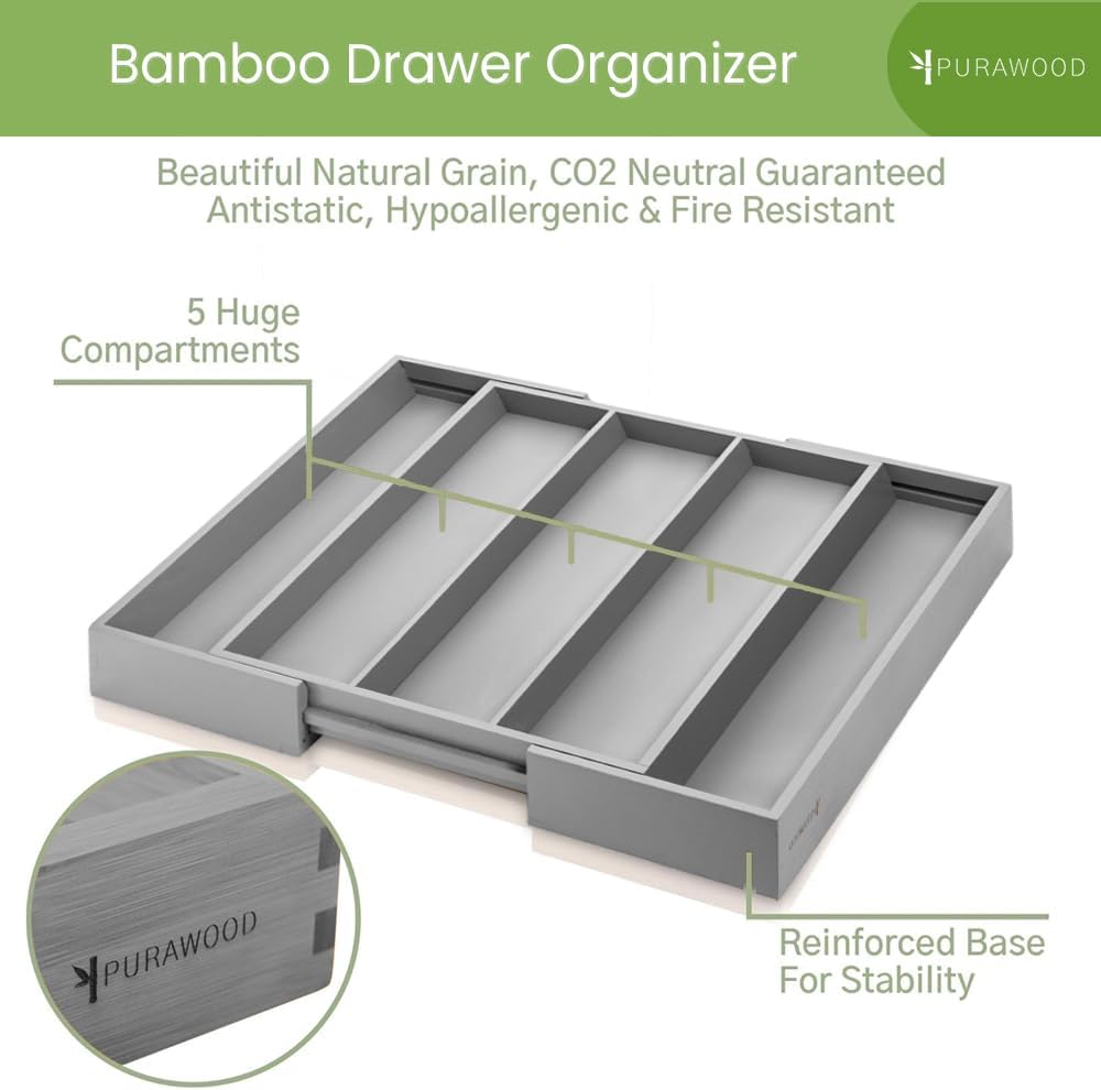 Purawood Bamboo Drawer Organizer - Expandable Silverware Organizer & Utensil Drawer Organizer, Cutlery Tray with Dividers, 7-9 Slots- Kitchen Organizer for Utensils & Flatware (Natural)