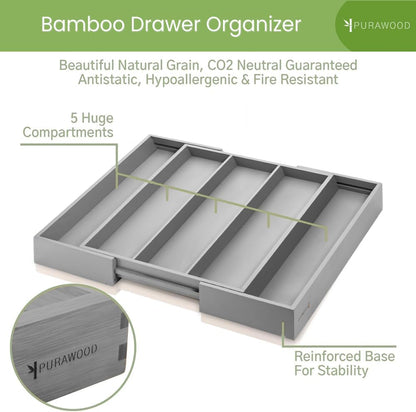 Purawood Bamboo Drawer Organizer - Expandable Silverware Organizer & Utensil Drawer Organizer, Cutlery Tray with Dividers, 7-9 Slots- Kitchen Organizer for Utensils & Flatware (Natural)