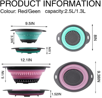 Collapsible Colander Set, Square Round Triangles Silicone Kitchen Strainer Perfect for Draining Pasta Vegetable fruit 2 PCS (10.8"L x 8.6"W x 2"H, Blue & Gray)