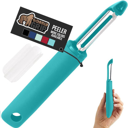 GORILLA GRIP® Patented BPA-Free Vegetable Peeler, Extra Sharp Swivel Stainless Steel Blades with Guard, Comfortable Soft Handle, Easily Peel Carrots or Fruit, Potato Eye Remover, Washer Safe, Black