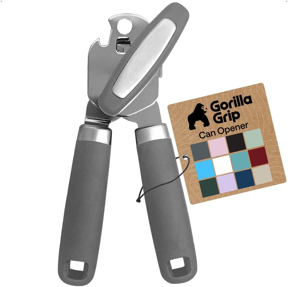 GORILLA GRIP Heavy Duty Stainless Steel Smooth Edge Manual Can Opener and Bottle Openers, US Designed, Soft Comfortable Handle, Oversized Handheld Turn Knob, Multifunctional Kitchen Tool, Black