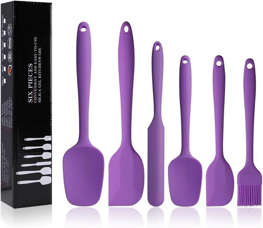 Silicone Spatulas Set of 6, Rubber Spoon Spatula Heat Resistant Spoonula One Piece Design Seamless Spatula Non-Stick Scrapers Baking Mixing Tool (Black)