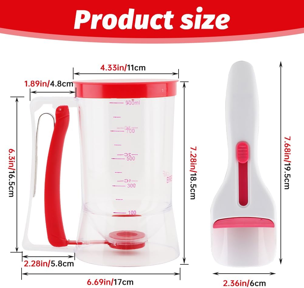 4 Cup Pancake Batter Dispenser With 1 Cupcake Batter Dispenser Scoop, Pancake Maker with Measuring Label And Squeeze Handle,for Pancakes, Cupcake, Waffle, Muffin Mix(red)