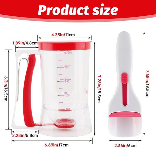 4 Cup Pancake Batter Dispenser With 1 Cupcake Batter Dispenser Scoop, Pancake Maker with Measuring Label And Squeeze Handle,for Pancakes, Cupcake, Waffle, Muffin Mix(red)