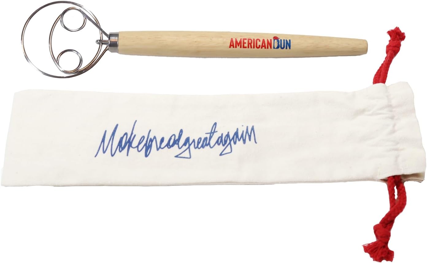 Patriotic Themed Sourdough Whisk For Baking, Perfect Stocking Gift With Storage Pouch, Tool for Danish Dough Bread Making, Premium Wood Handle 13-inch Baking Whisk